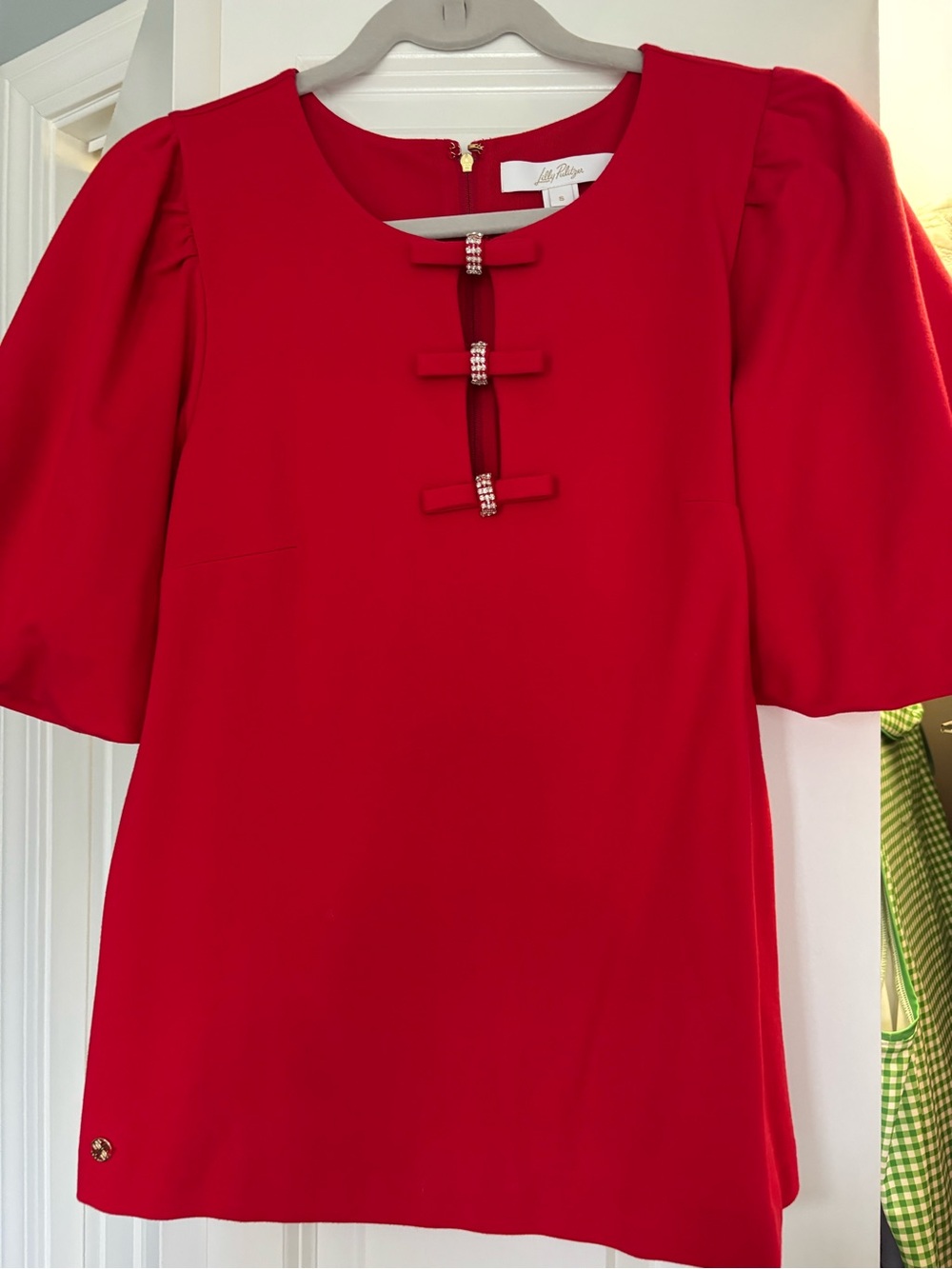 Lilly Pulitzer Bright Red Puff-Sleeve Top with Jeweled Bows
